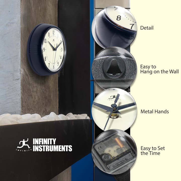 Infinity Instruments - Wholesale Wall Clock - Retro Round Navy Blue Indoor Wall Clock 9.5 Inch