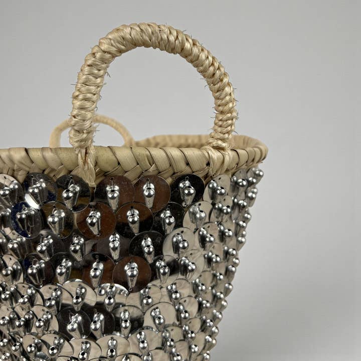 Melecraft - Wholesale Beach Bag - Mini Sequin Straw Market Basket - Gold Silver Gift Tote2