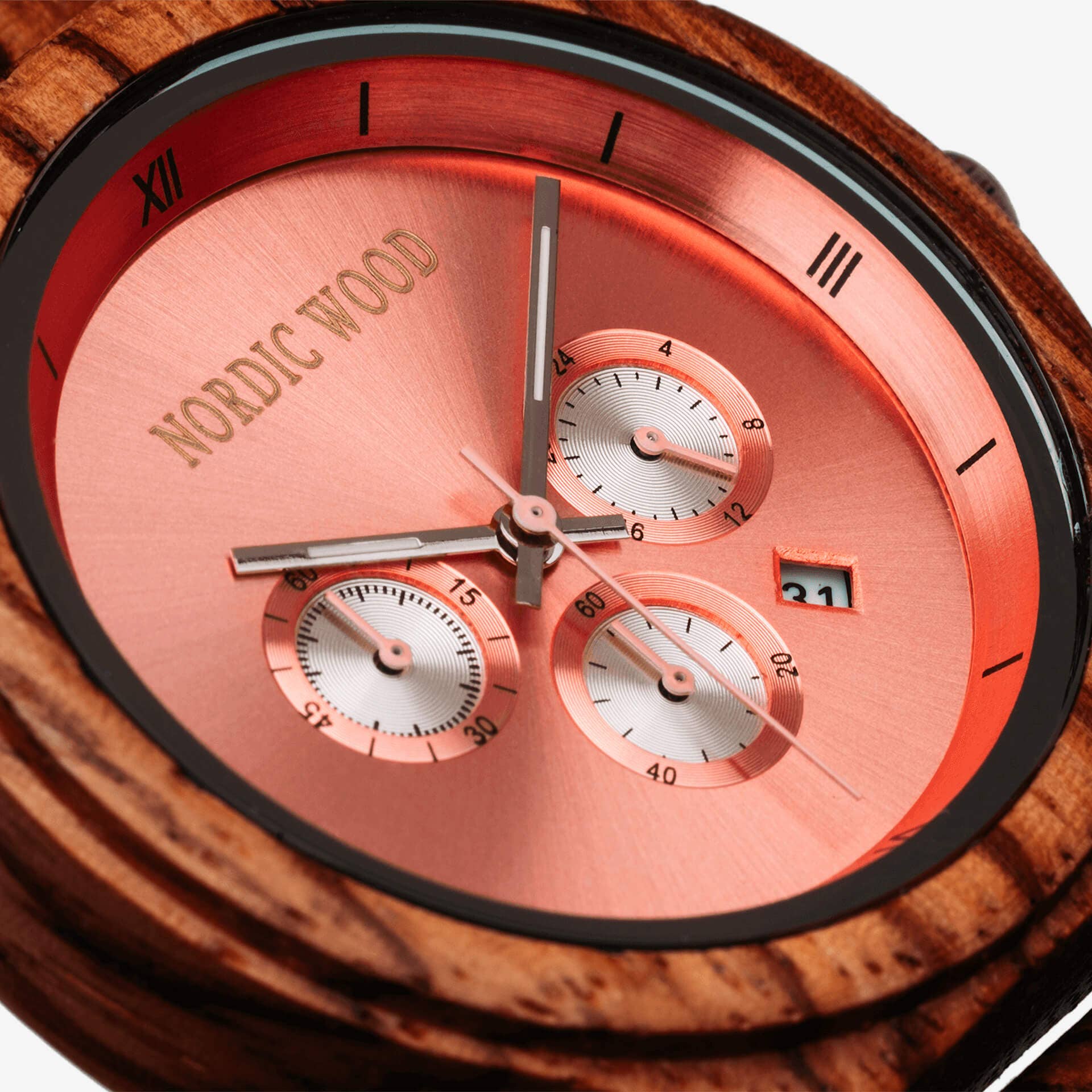 Nordic Wood - Vendita all'ingrosso Orologio da polso - Donna - The Edge - Orologio in legno di Zebrano con quadrante rosa e cronografi4