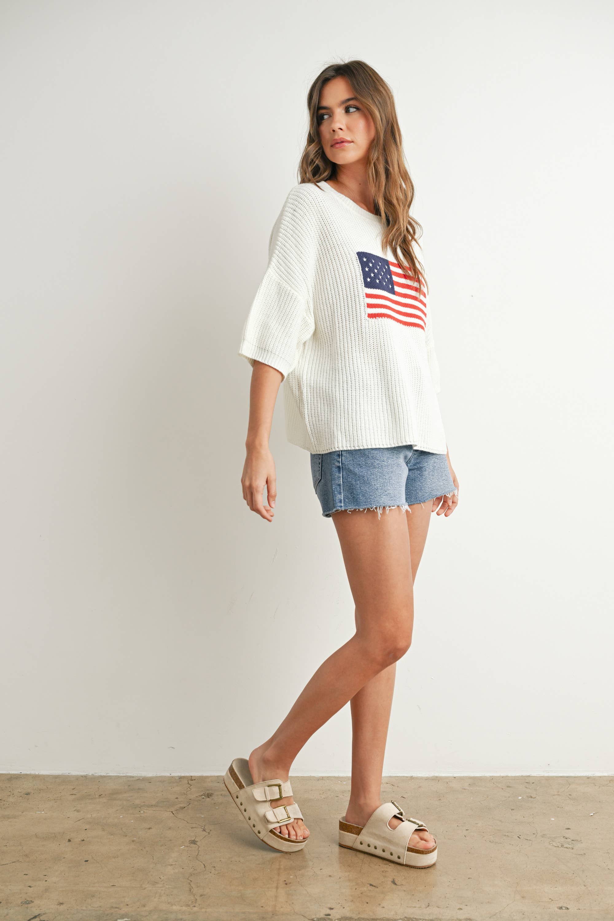 BUTTERMELON – Pulôver - Mulher por atacado – Suéter de tricô com estampa de bandeira - BMW76911