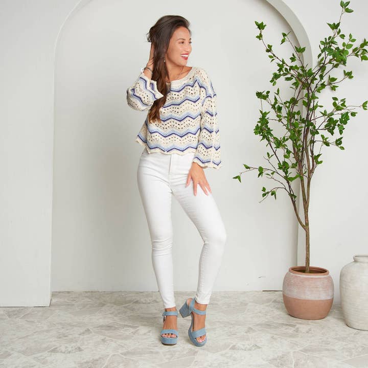 Kala Striped Boat Neck Crochet Sweater for wholesale by Elsie & Zoey