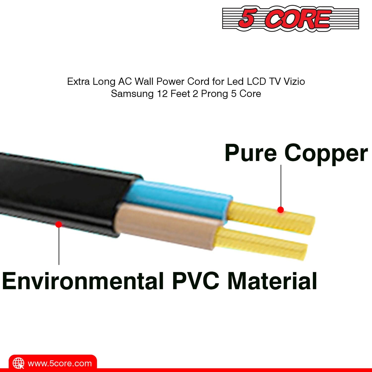 K Cube Inc - Wholesale Cord - 5Core AC Power Extension Cord 2 Prong 6Ft US Cable Adapter2