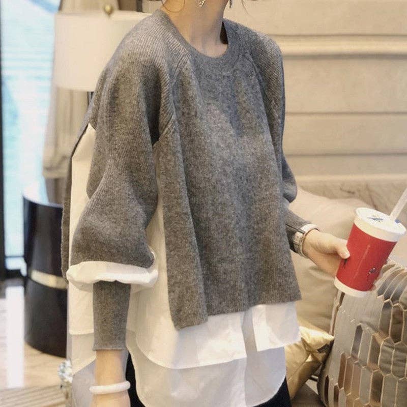 UZ Wholesale Store - Wholesale Knit Sweater - Women's - Long Sleeve Crewneck Patchwork Fake-Two Pullover Sweater2