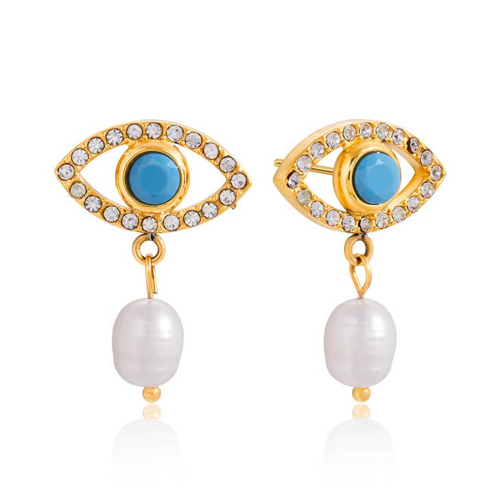 18k Stainless Steel Evil Eye Pearl Drop Earrings (LSSG-ED6) for wholesale by Lyza Jewels