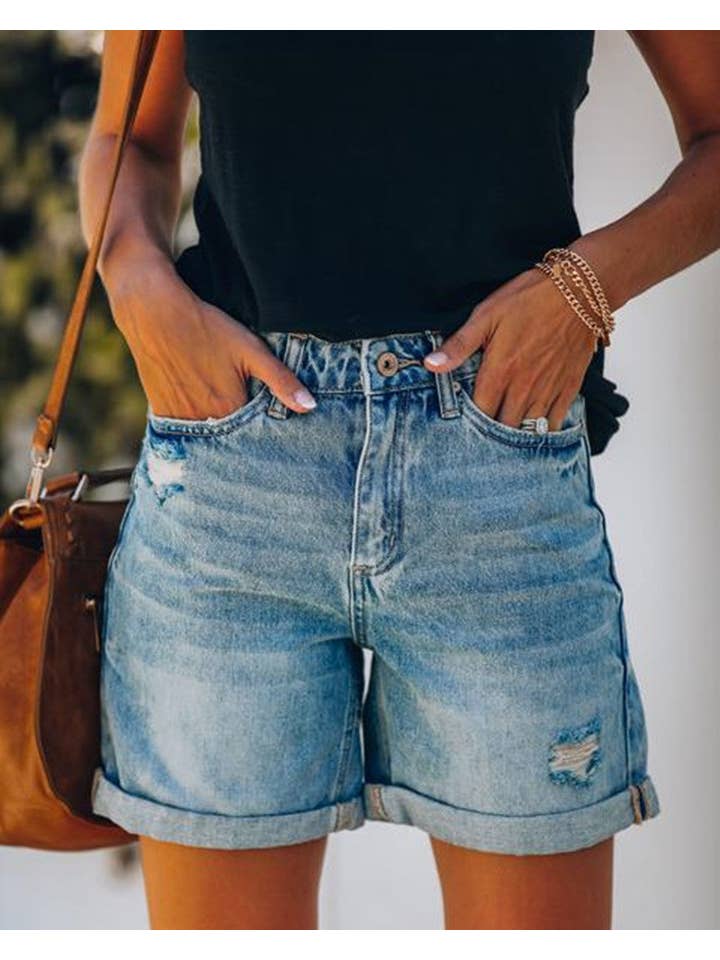 Sweetkama - Wholesale Shorts - Women's - High Waist Folded Hem Denim Shorts SKS66272