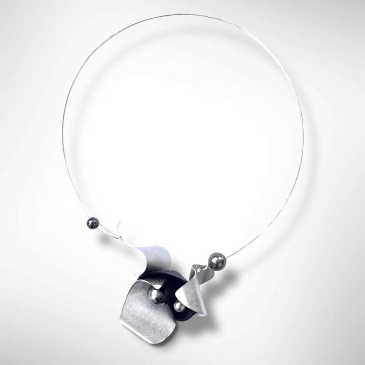 PULSE 2 A Smaller Centerpiece Necklace from the SOUND Collection with Recycled Record Vinyl and Simulated Pearls for wholesale by Chick Boss LLC