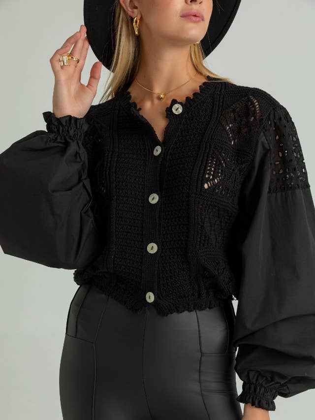 Cardigan nero con maniche a palloncino e pannello all'uncinetto per la vendita all'ingrosso da parte di miglo