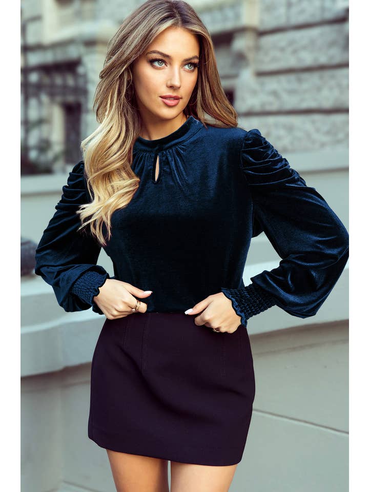 1 the Woman - Wholesale Blouse - Women's - Mock Neck Puff Sleeve Velvet Blouse