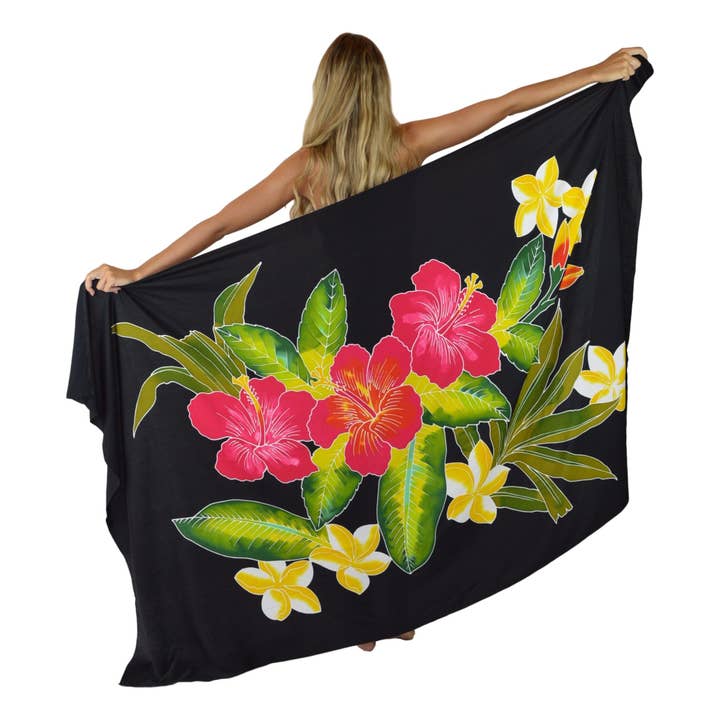Sarong Batik Ibisco Hawaiano - Pareo Nero Copricostume da Spiaggia per la vendita all'ingrosso da parte di Island Style Clothing Co by Akamai Distribution Ltd