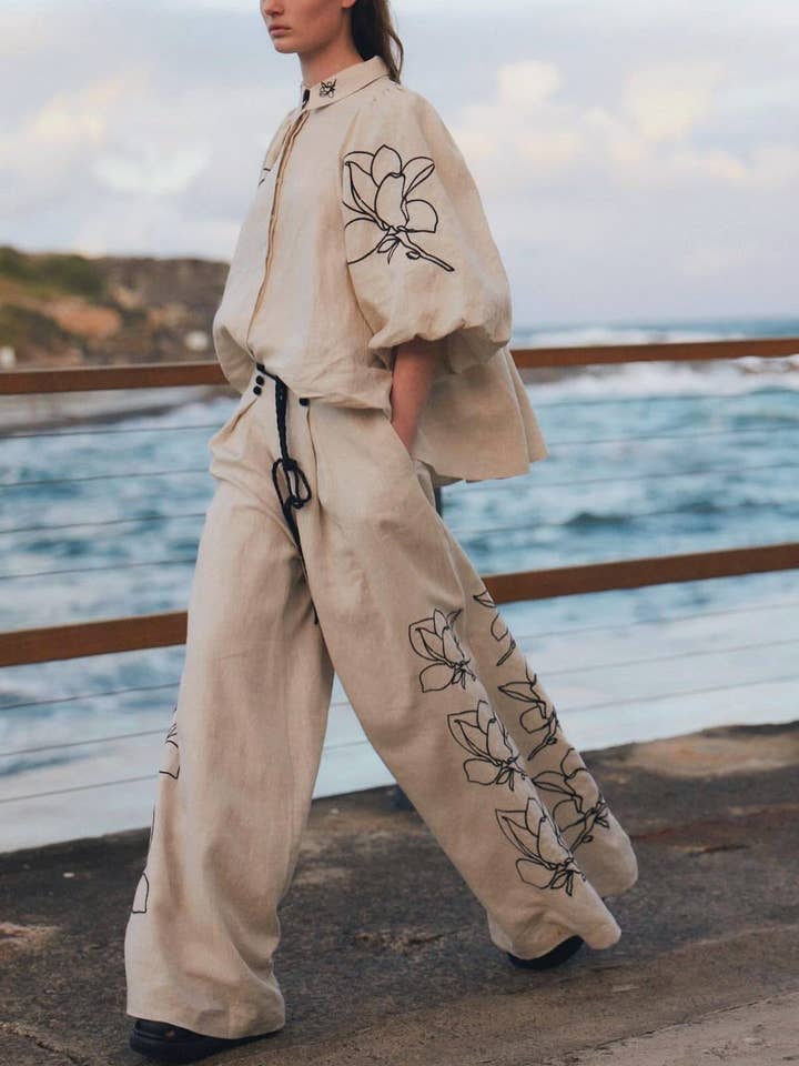 Rosa Clothing - Wholesale Top & Pant Set (NOT Loungewear) - Women's - Fashion Literary Vintage Print Top Wide-Leg Pants