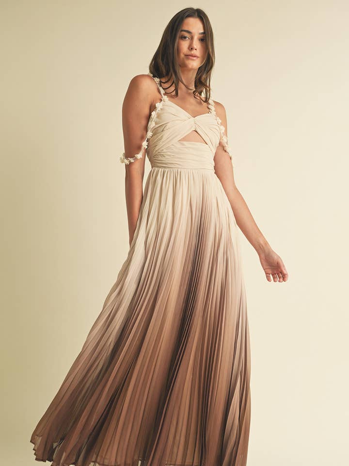 LD1606 Ombre Pleated Maxi Dress with Floral Strap Detail for wholesale by Endless Blu