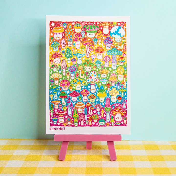 Rainbow Mushroom Whiteboard Artwork A5, A6 Print for wholesale by Snail Valley