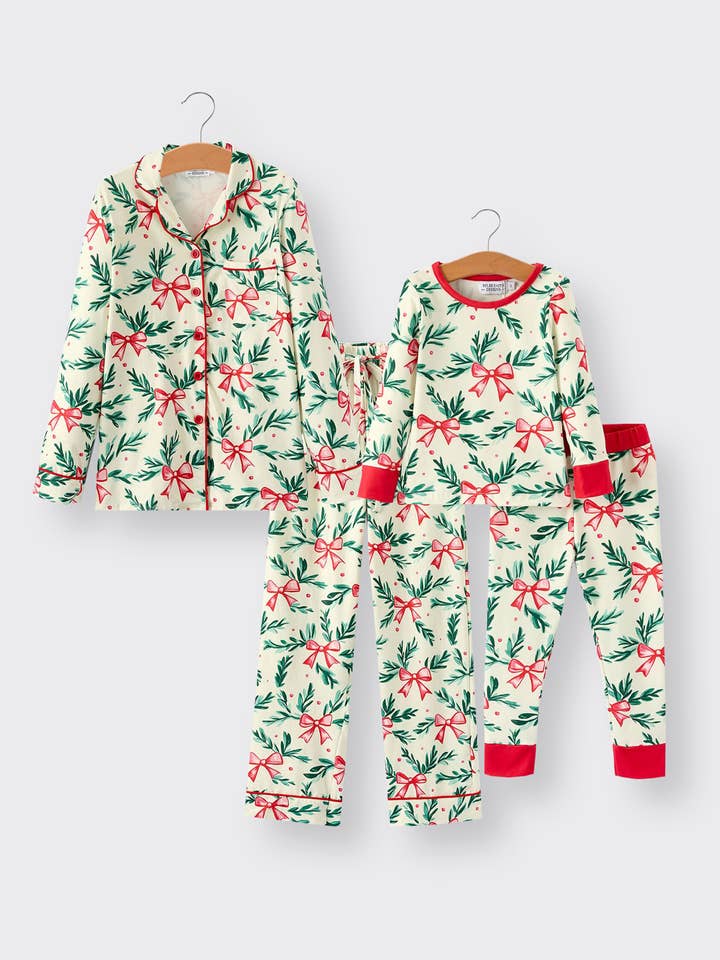 Rylee Faith Designs - Wholesale Sleepwear Set - Kids - Mommy & Me Christmas Bow and Holly Print Pajama Set1