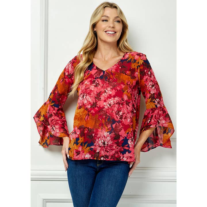 RUFFLE SLEEVE V-NECK SWING BLOUSE for wholesale by Winslow Collection