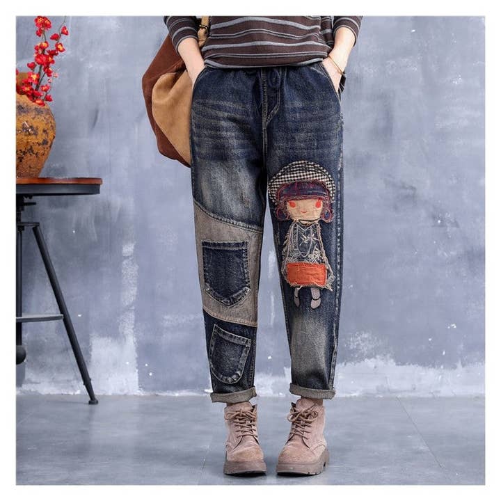 SAME AS THE PICTURE Retro Embroidery Patchwork Casual Loose Harem Jeans for wholesale on Faire