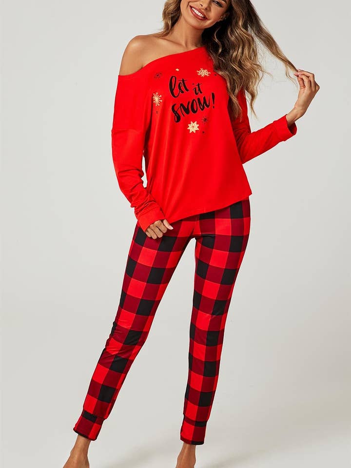 FS Collection – wholesale Lounge set – Women's – Let It Snow* Christmas Long Sleeve SweatShirt Top & Trousers Co Ord In Red4