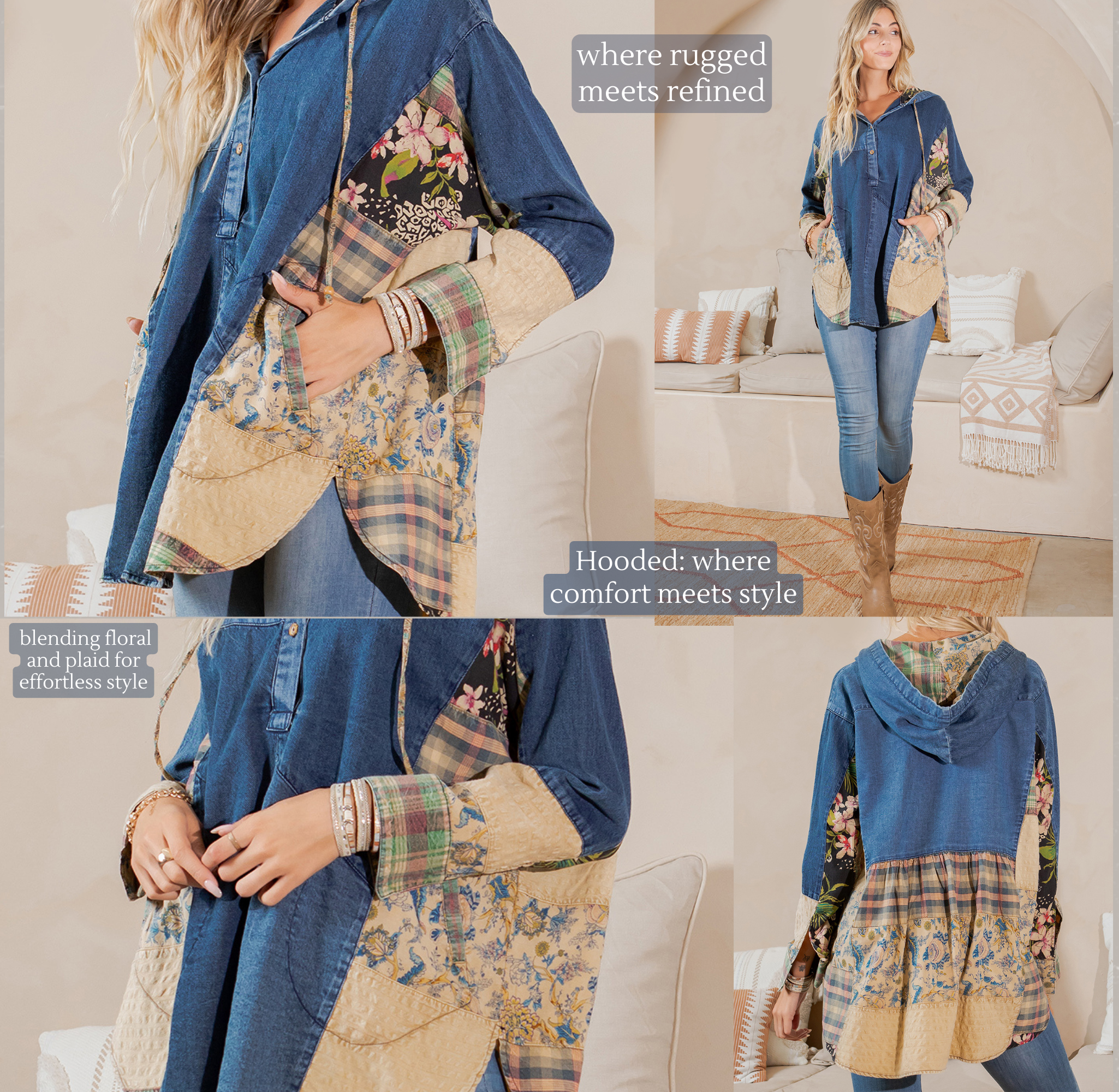 Young Threads - Wholesale Tunic - Women's - Western Boho Chic: Hooded High Low Patchwork Top1