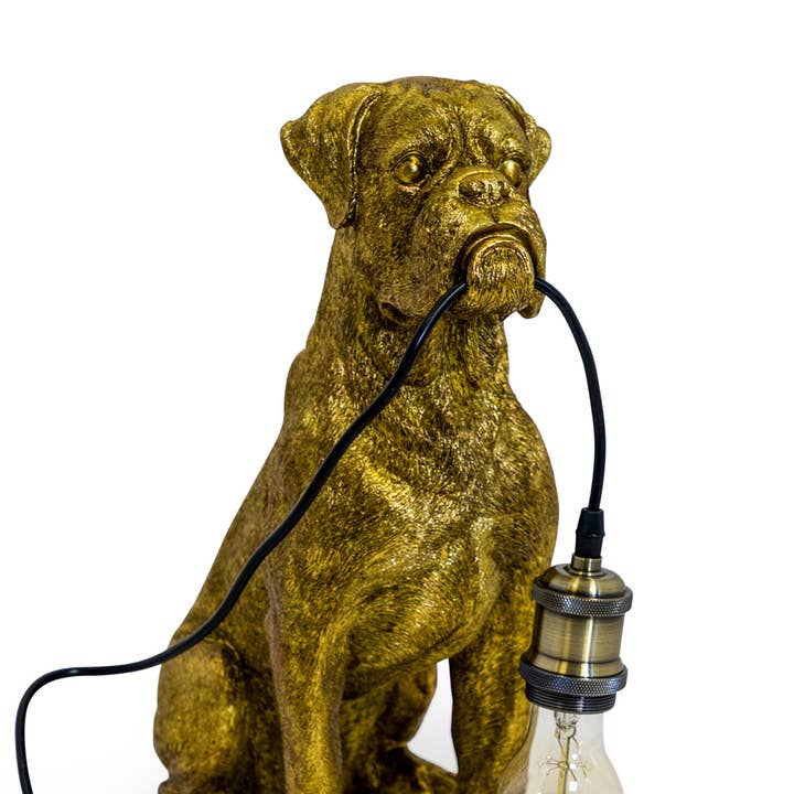 Antique Gold Sitting Boxer Dog Table Lamp for wholesale by McGowan & Rutherford Ltd