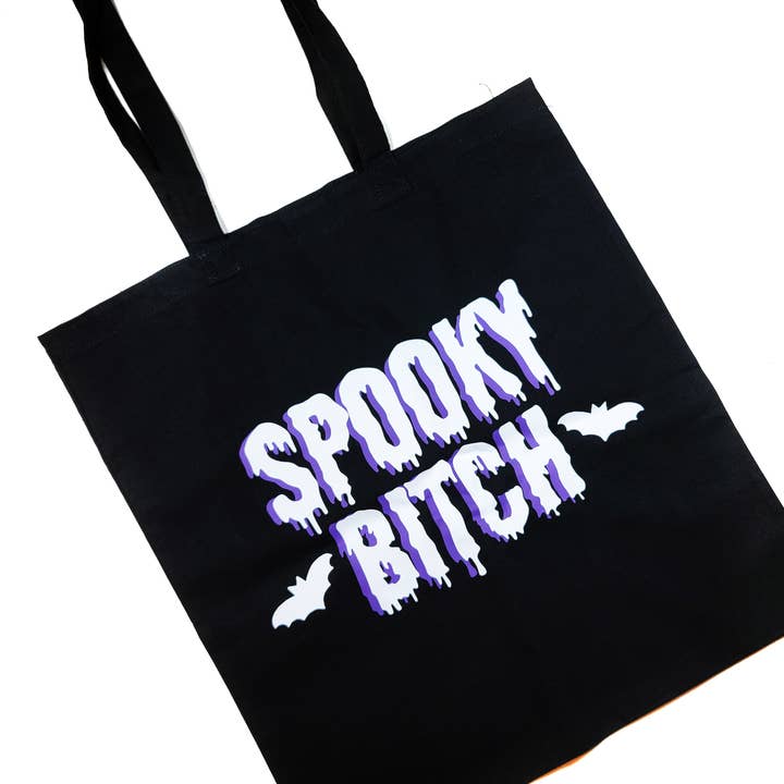Printy Vibes - Wholesale Tote Bag - Women's - Spooky Bitch Goth Tote Bag Black Cotton Reusable