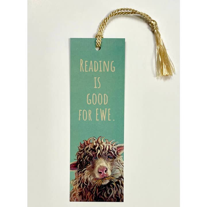 Bookmark w/ Fluffy Sheep Artwork & "Reading is Good for Ewe" for wholesale by Forever Caroline LLC