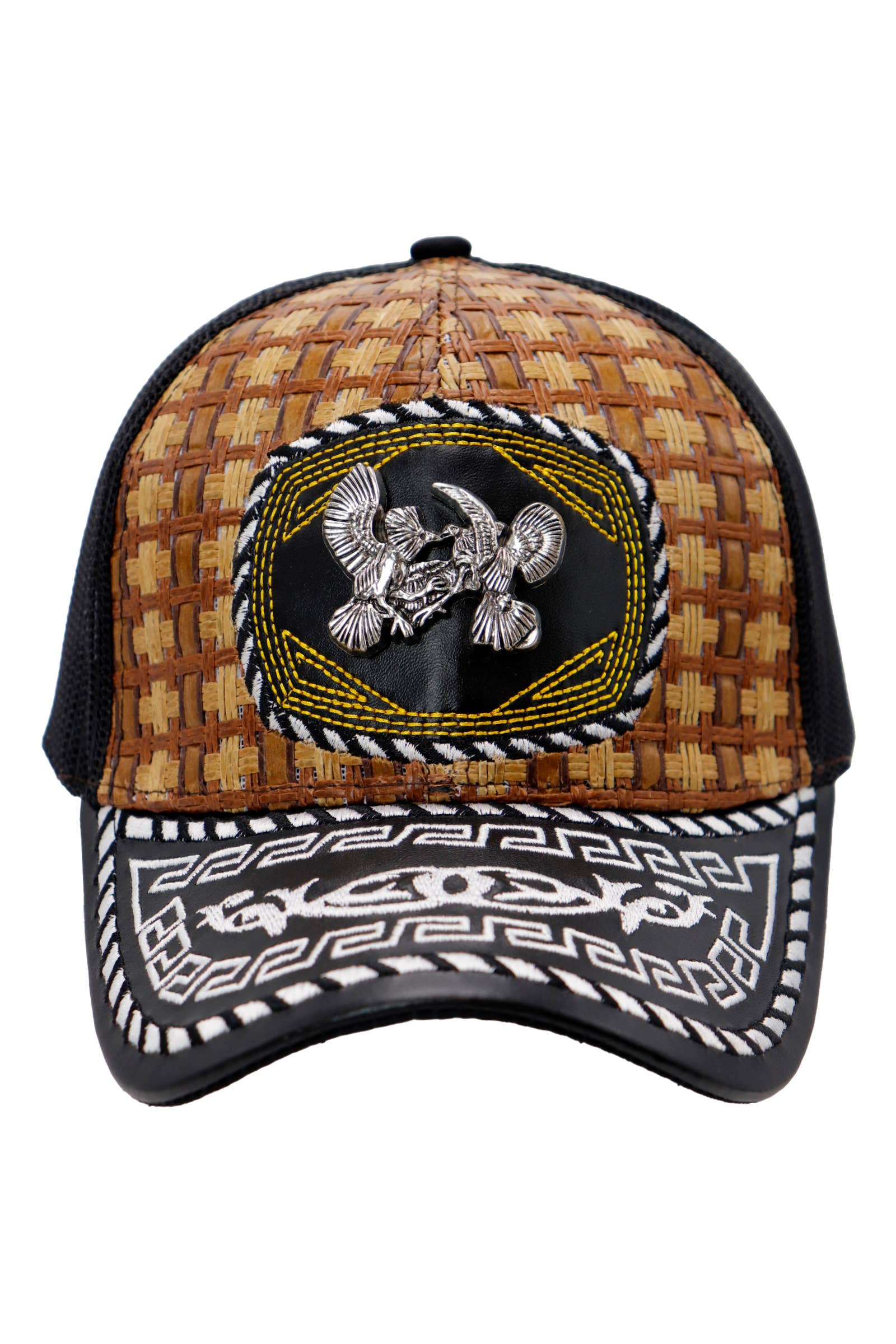 Cap Zone - Wholesale Trucker Hat - Unisex - Silver Emblem Vegan Leather Straw Mesh Charro Cap0