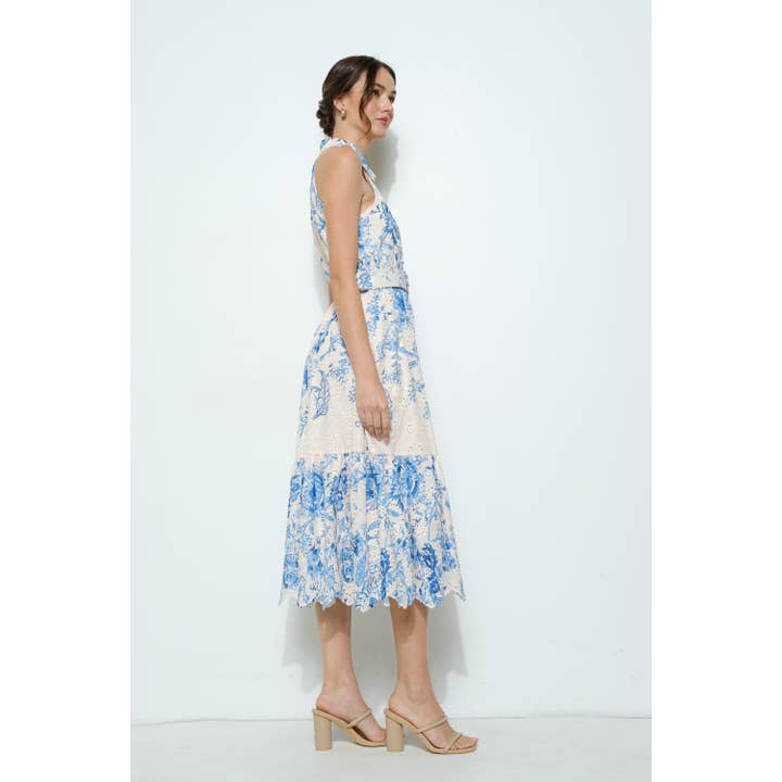 BLUE MULTI Floral Eyelet Halter Midi Dress for wholesale on Faire