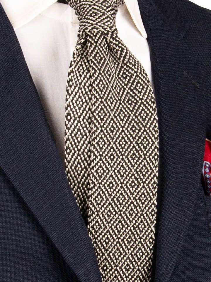 Black Silk Knit Tricot Tie with White Pattern TRI742 for wholesale by Graffeo Cravatte