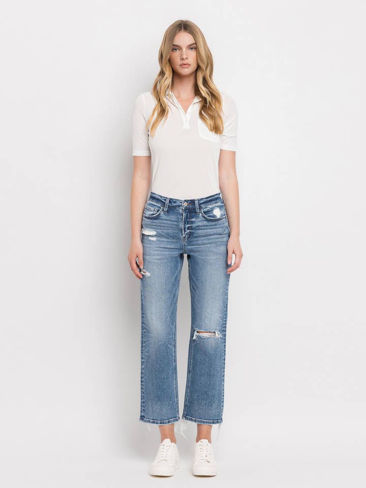 HIGH RISE DISTRESSED HEM CROP STRAIGHT JEANS T6435 for wholesale by VERVET by FLYING MONKEY