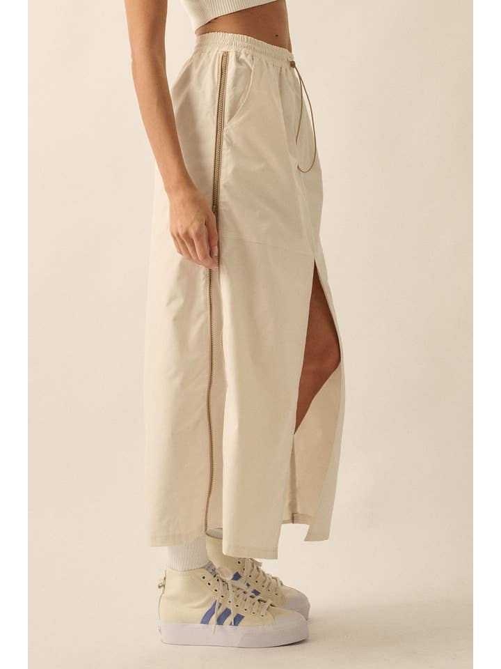 Cream Side-Zip Piping-Trimmed Drawstring Midi Skirt for wholesale on Faire3