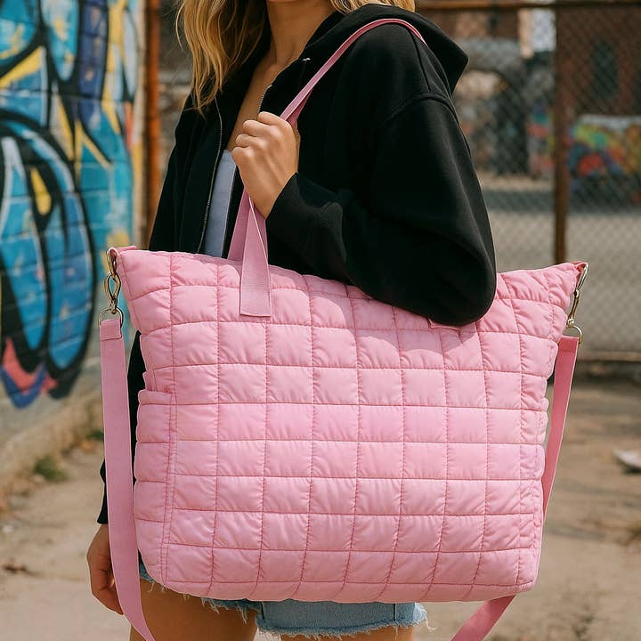 Top Trenz Inc - Wholesale Tote Bag - Women's - Pink Scrunchie Puffer Tote Bag