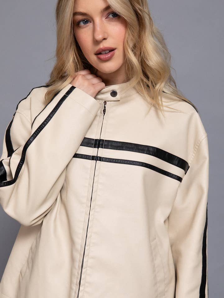 Veste en similicuir à manches longues avec détails de ligne et effet délavé pour la vente par Active Basic | Active USA