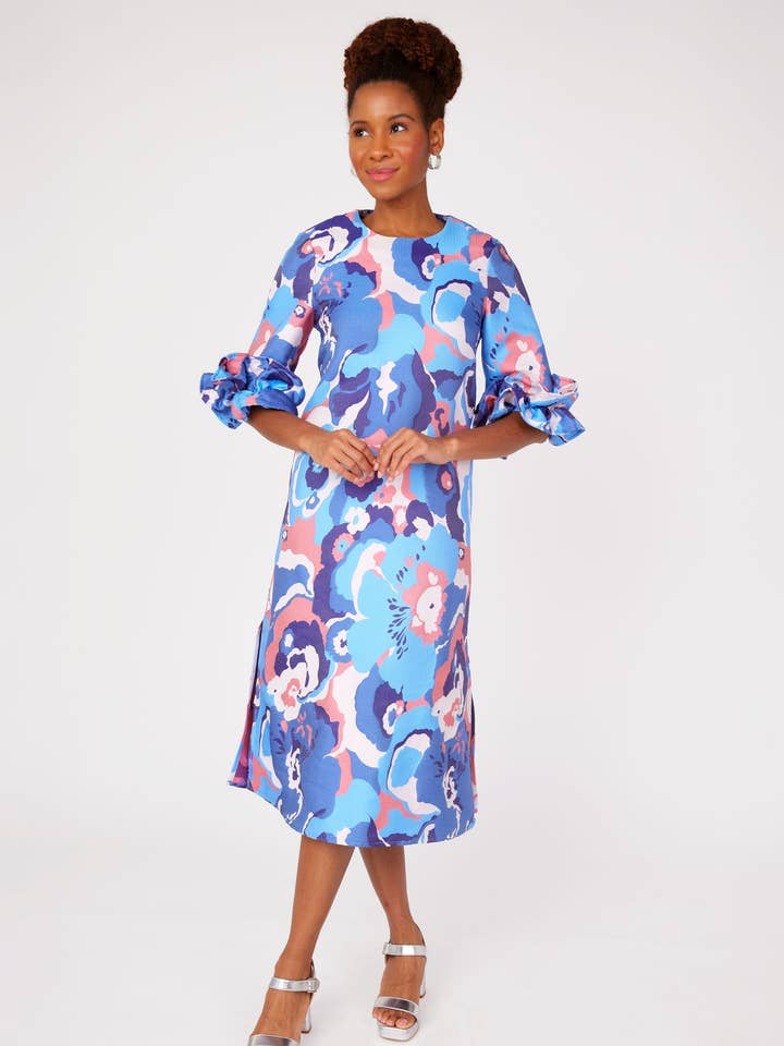 Bronwyn Dress Blue Retro Jacquard for wholesale by Abbey Glass