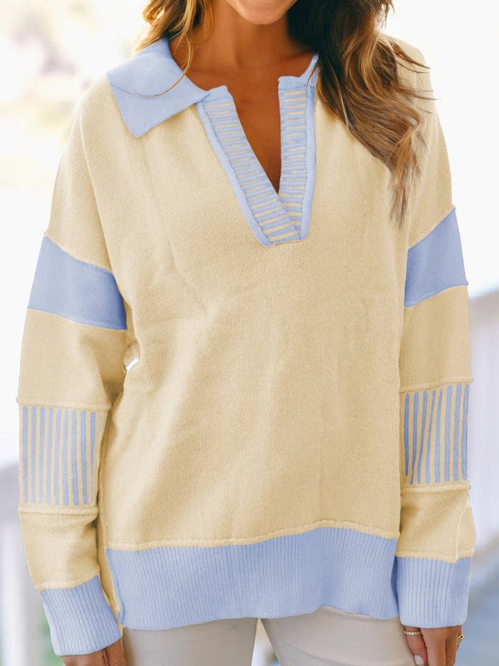 Stripe Colorblock Collared Drop Shoulder Sweater for wholesale by PRETTY BASH