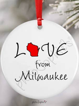 Staat Liefde uit Wisconsin - Naam Drop Kerstornament voor wholesale door philoSophie's Stationery & Gifts