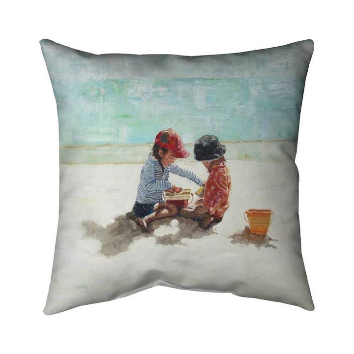 Blue Coastal Sea Pillow - Little Girls at the Beach Decor for wholesale by BEGIN HOME DECOR