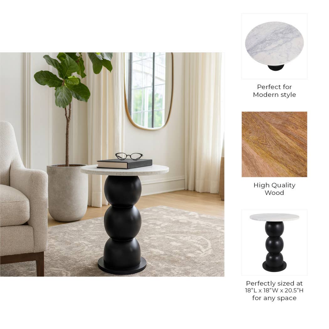 Sagebrook Home - Wholesale Side Table - End Table - White Marble Top with Wooden Bubble Base, 21 in.4