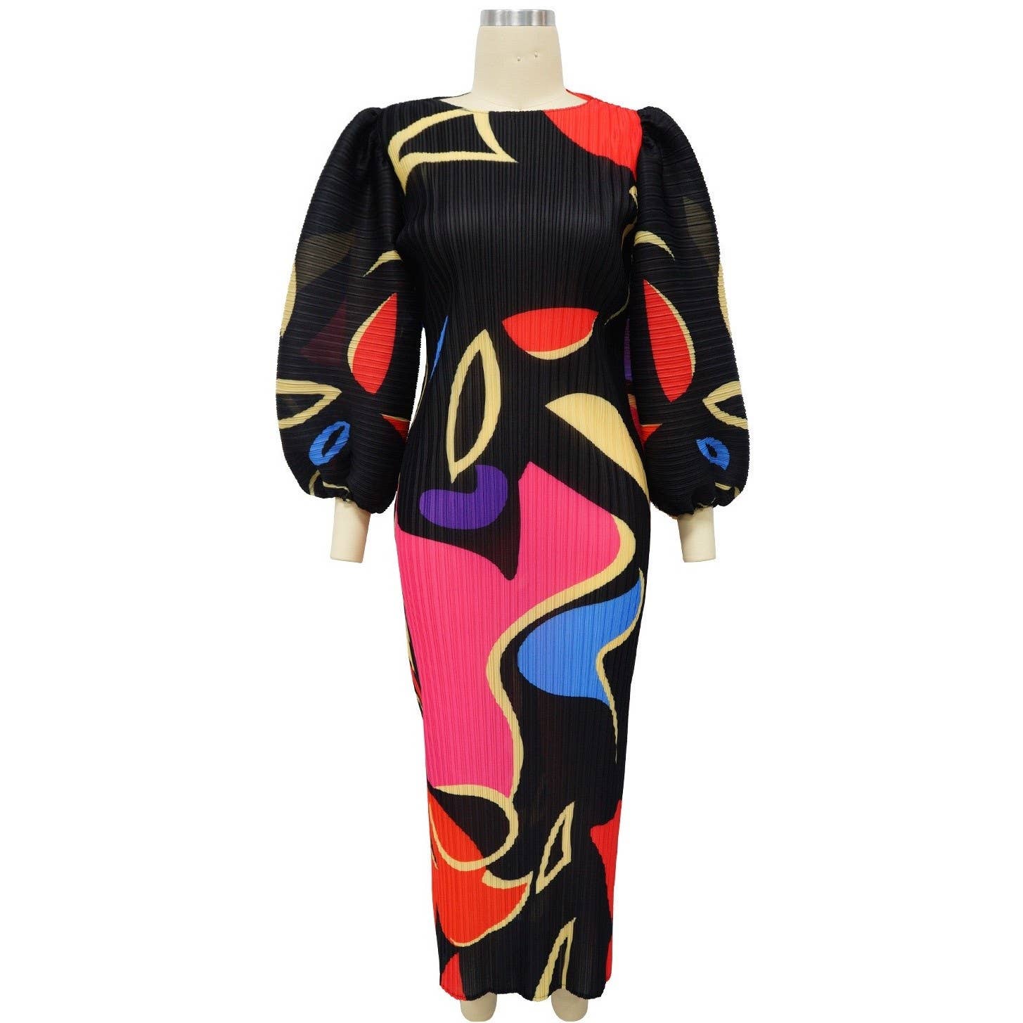 DORCAS – Großhandel Kleid – Damen – Buntes Maxikleid mit Puffärmeln und Faltenrock2