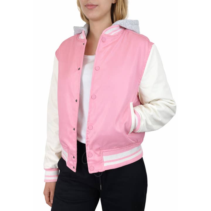 Women’s Hooded Varsity Jacket w/ Detachable Hood for wholesale by Galaxy By Harvic