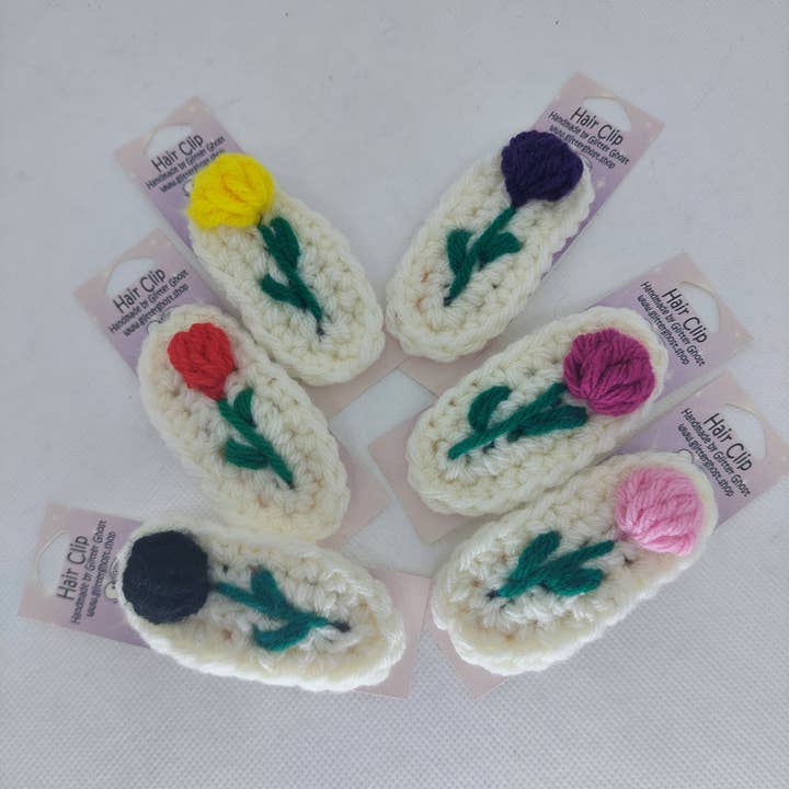 Crochet Flower Hair Clip - Tulip White Background for wholesale by Glitter Ghost Clothing and Accessories