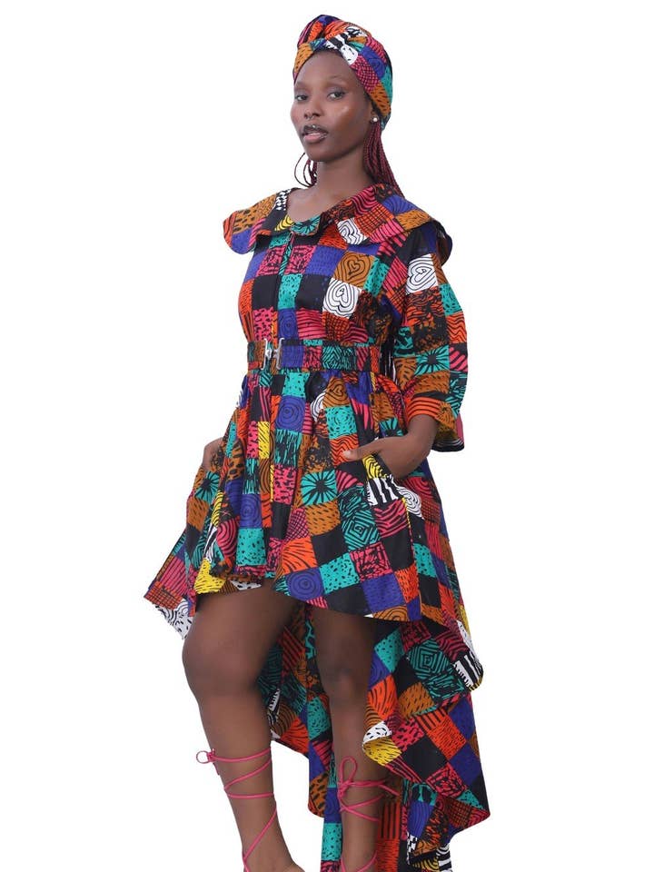 Robe asymétrique en wax AD-25012-290 avec ceinture assortie pour la vente par Advance Apparels