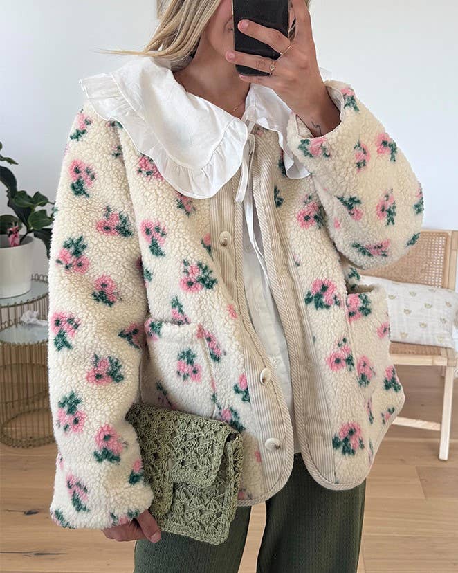 Rosa Clothing - Wholesale Jacket - Women's - Cozy Bohemia Floral Sherpa Fleece Jacket0