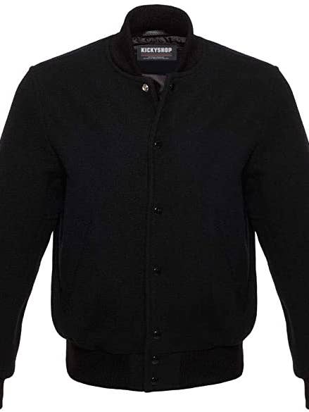 Melton Wool Varsity Jacket Letterman Jacket, Solid Black for wholesale by Kicky Imports LLC