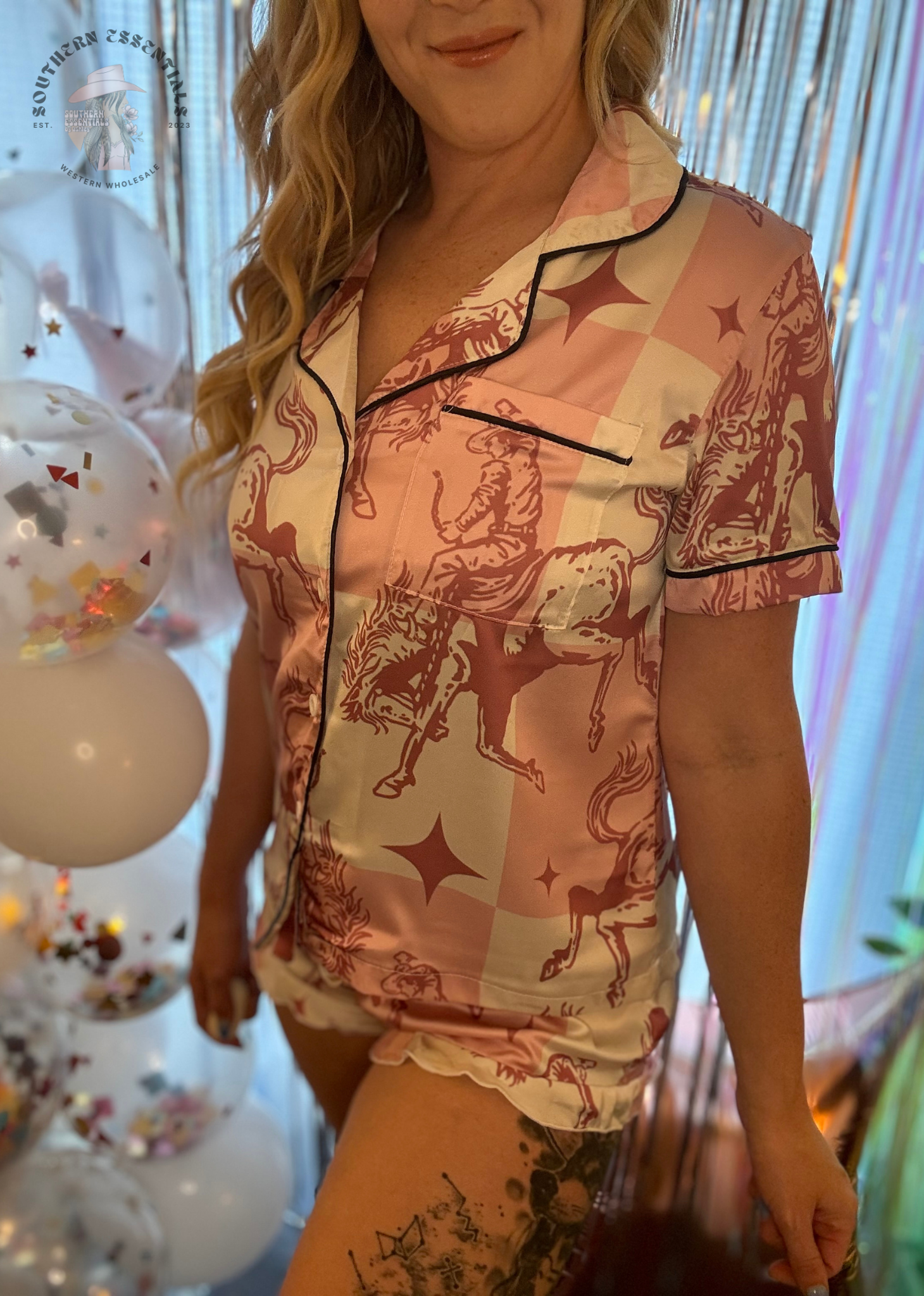 Southern Essentials by Ashley LLC - Wholesale Sleepwear Set - Women's - Pink Checkered Bronc Rider Silky Short Pajama Set20