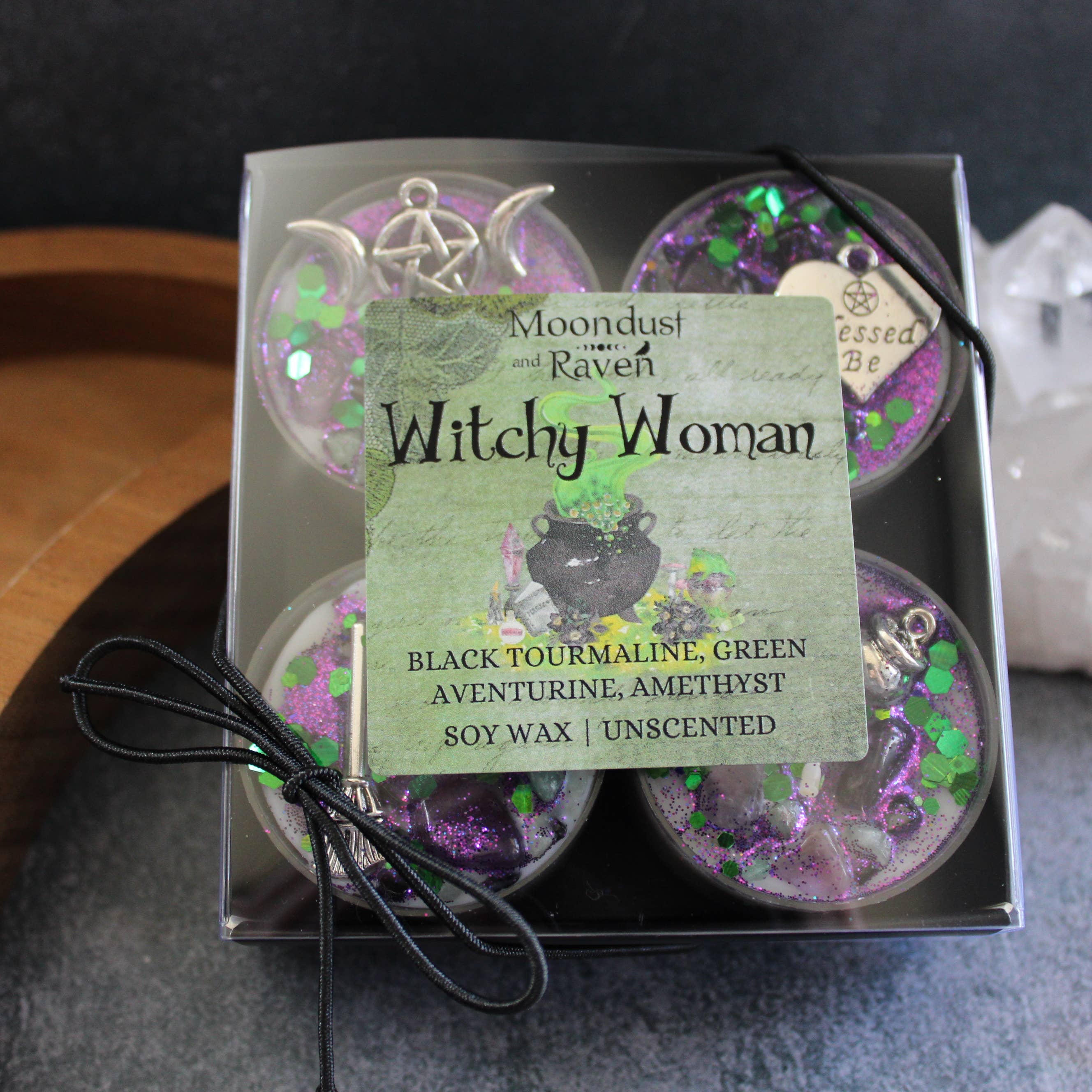 Moondust and Raven – wholesale Tea light candles – Witchy Woman Tealight Crystal Candles, Ritual Candles4