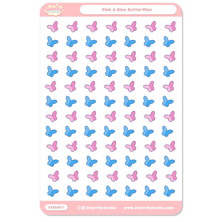 Feuille d'autocollants en forme de papillons roses et bleus pour la vente par Pastel Dreamer, LLC.