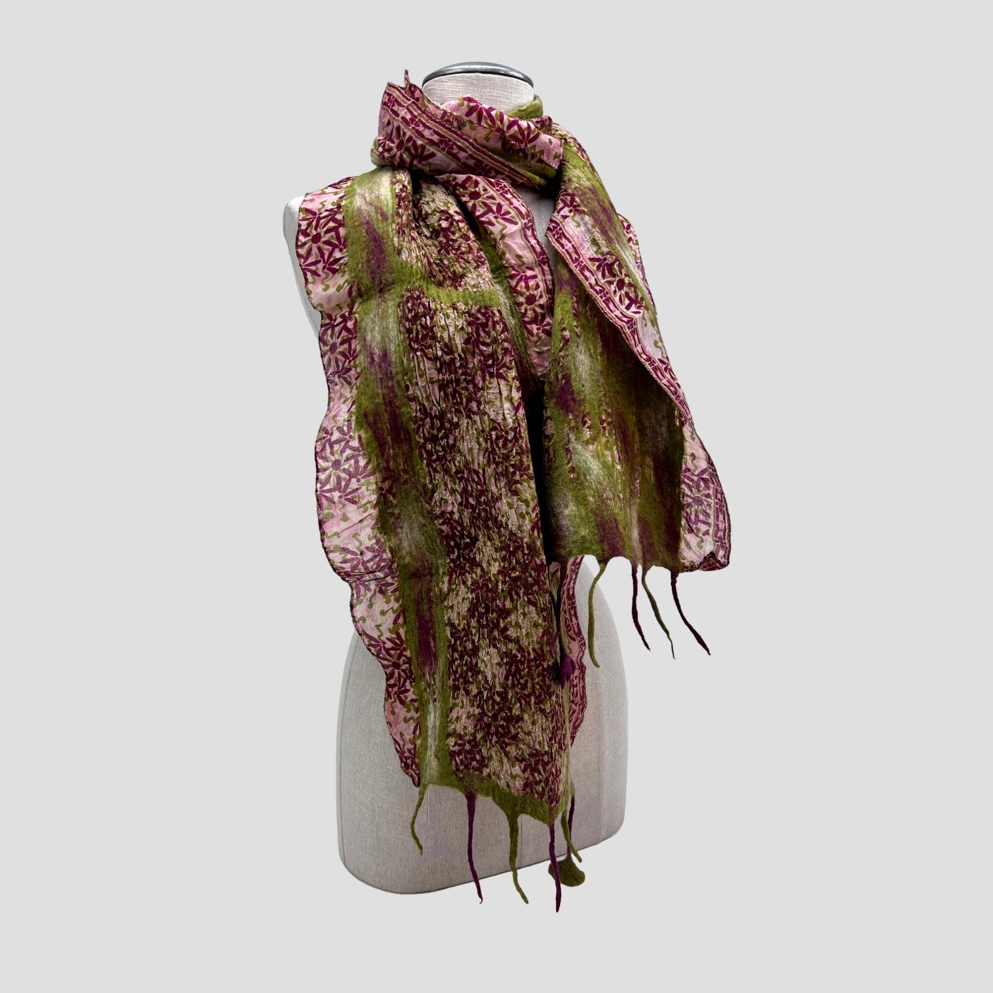 GVS  Green Merino Wool Spots Felt Flower Fringe Vintage Scarf for wholesale on Faire3