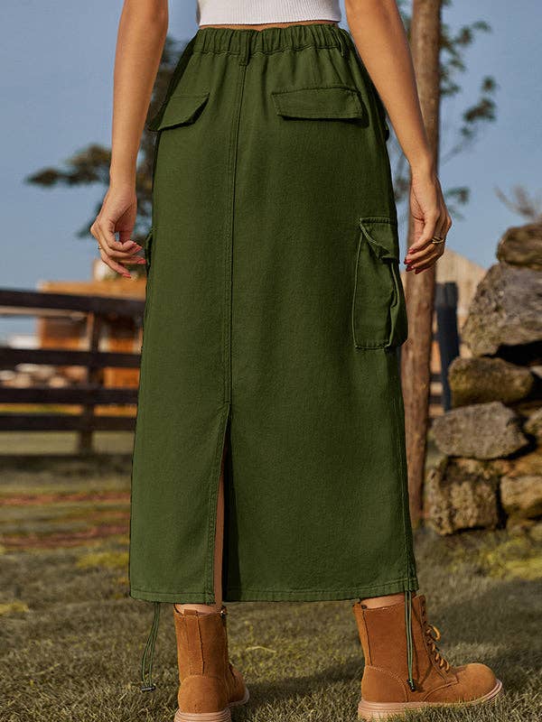 Sheer Trend - Wholesale Skirt - Women's - A-Line Loose Drawstring Elasticity Pockets Solid Color Split-Back Skirts Bottoms6