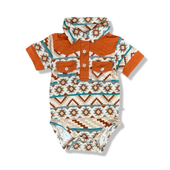 Buckaroo Baby Co. - Wholesale Bodysuit (Non-Footed) - Baby - Dutton Western Pearl Snap Collared Short Sleeve Bodysuit