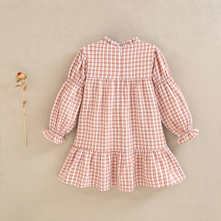Dadati - Wholesale Dress - Kids - Orange-white checkered dress with long puffed sleeves3