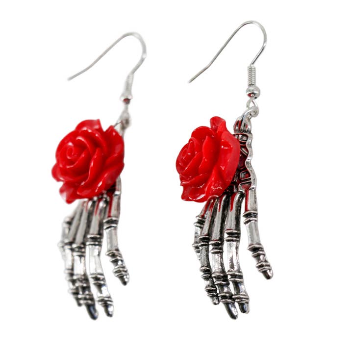 Western Fashion - Wholesale Dangle Earrings - Skeleton hand earrings with black rose